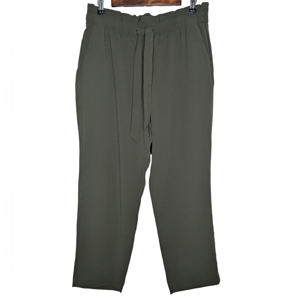 LOFT Women's Earthy Dark Green Paperbag Waist Straight Leg Pants Size Medium